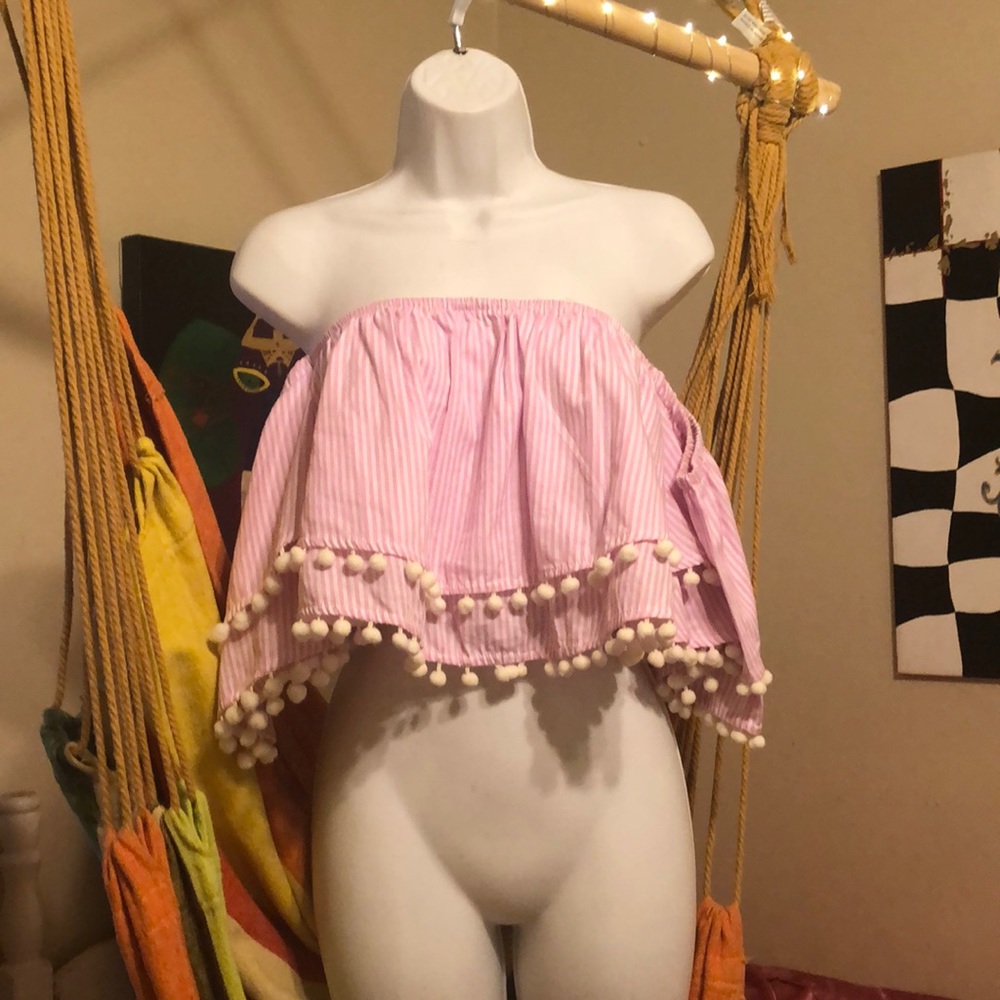 Pink/white stripes off the shoulder shirt.